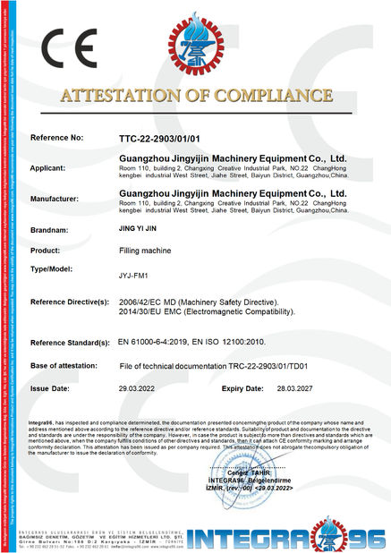 China Guangzhou Jingyijin Machinery Equipment Co., Ltd Certificações