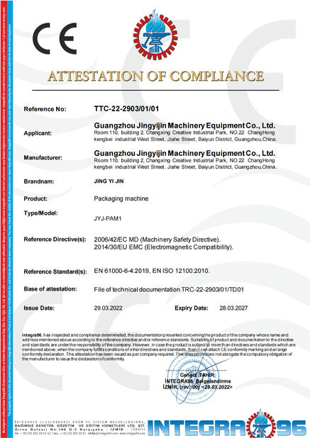 China Guangzhou Jingyijin Machinery Equipment Co., Ltd Certificações